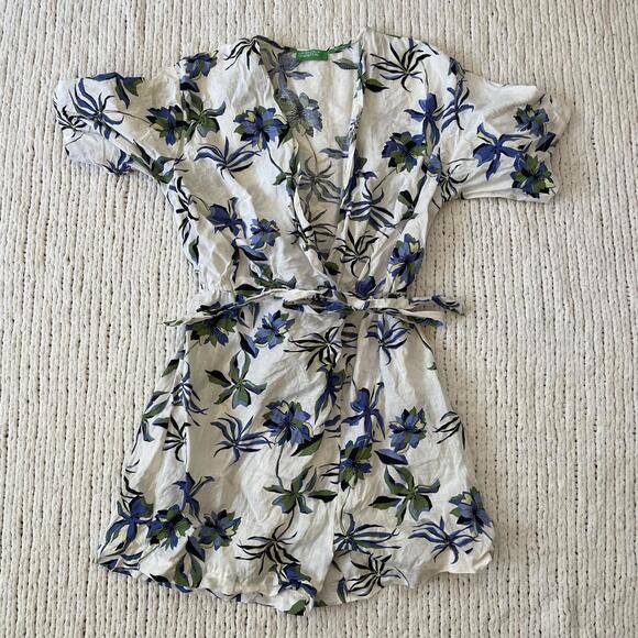 United Colors Of Benetton Pants - United Colours of Benetton Women's Blue Floral Linen Romper - Size Small